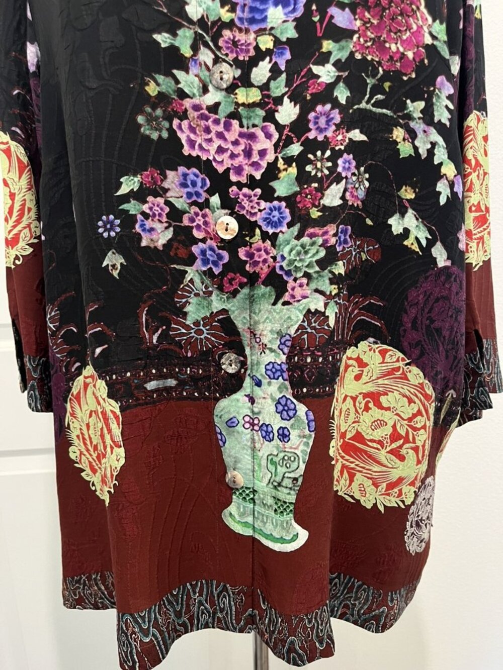 Citron Santa Monica 0X Silk Blend Blouse Chinoiserie Floral Mandarin Artsy Art - Picture 2 of 13